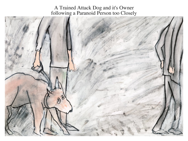 A Trained Attack Dog and it's Owner following a Paranoid Person too Closely
