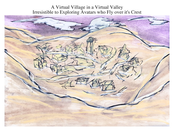 A Virtual Village in a Virtual Valley Irresistible to Exploring Avatars who Fly over it's Crest
