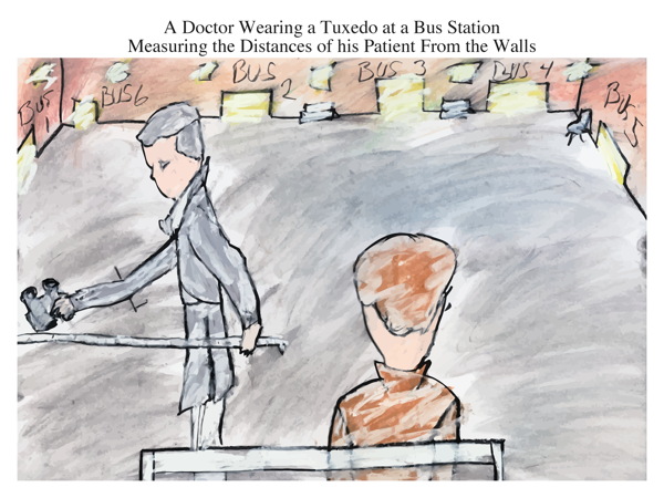 A Doctor Wearing a Tuxedo at a Bus Station Measuring the Distances of his Patient From the Walls