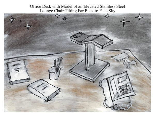 Office Desk with Model of an Elevated Stainless Steel Lounge Chair Tilting Far Back to Face Sky