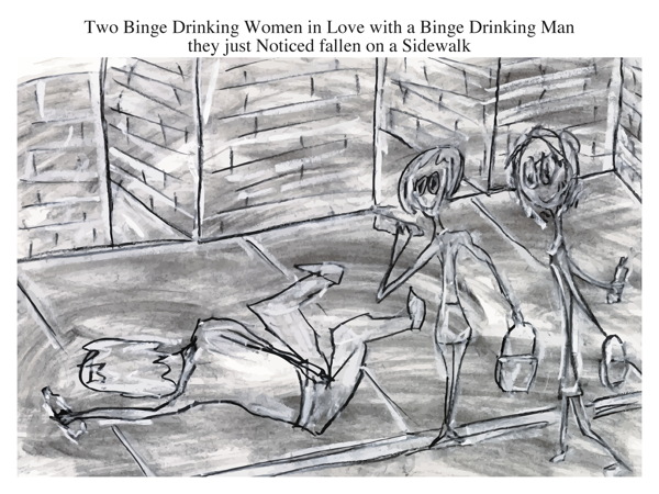 Two Binge Drinking Women in Love with a Binge Drinking Man they just Noticed fallen on a Sidewalk