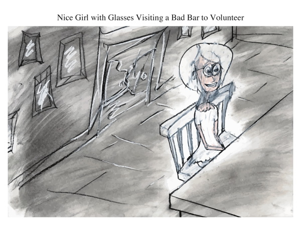 Nice Girl with Glasses Visiting a Bad Bar to Volunteer