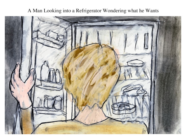 A Man Looking into a Refrigerator Wondering what he Wants