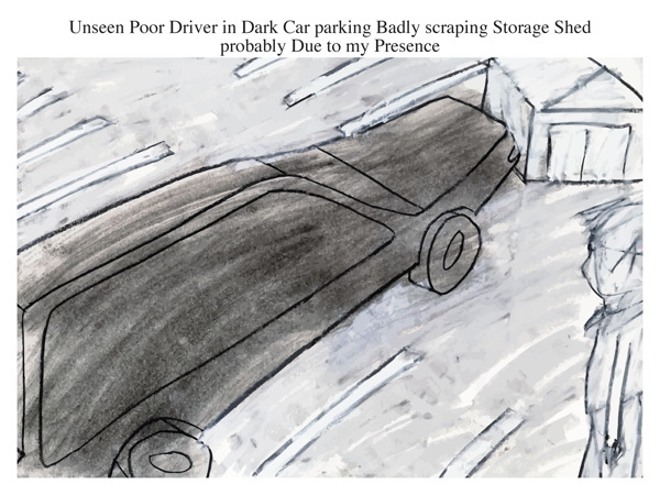 Unseen Poor Driver in Dark Car parking Badly scraping Storage Shed probably Due to my Presence