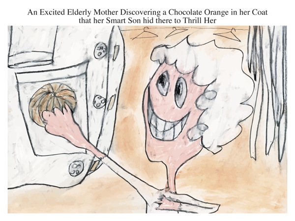 An Excited Elderly Mother Discovering a Chocolate Orange in her Coat that her Smart Son hid there to Thrill Her