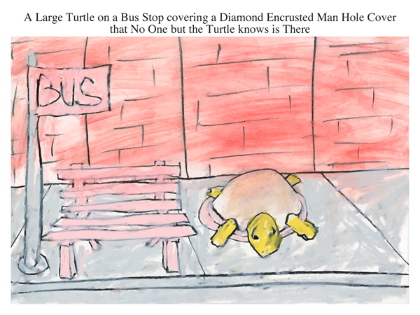 A Large Turtle on a Bus Stop covering a Diamond Encrusted Man Hole Cover that No One but the Turtle knows is There
