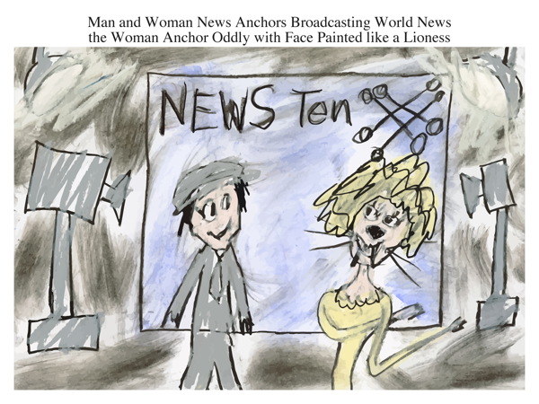 Man and Woman News Anchors Broadcasting World News the Woman Anchor Oddly with Face Painted like a Lioness