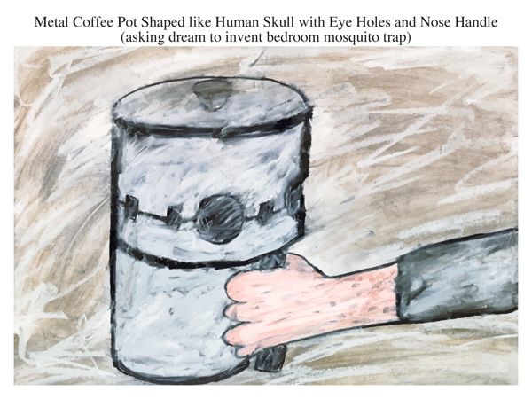 Metal Coffee Pot Shaped like Human Skull with Eye Holes and Nose Handle (asking dream to invent bedroom mosquito trap)