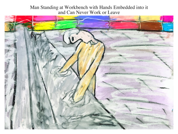 Man Standing at Workbench with Hands Embedded into it and Can Never Work or Leave