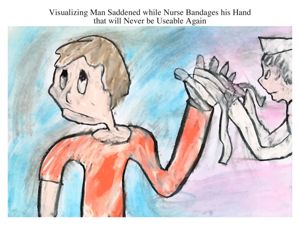 Visualizing Man Saddened while Nurse Bandages his Hand that will Never be Useable Again