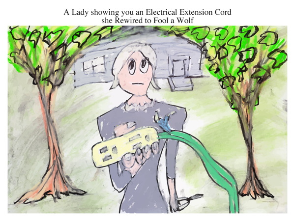 A Lady showing you an Electrical Extension Cord she Rewired to Fool a Wolf