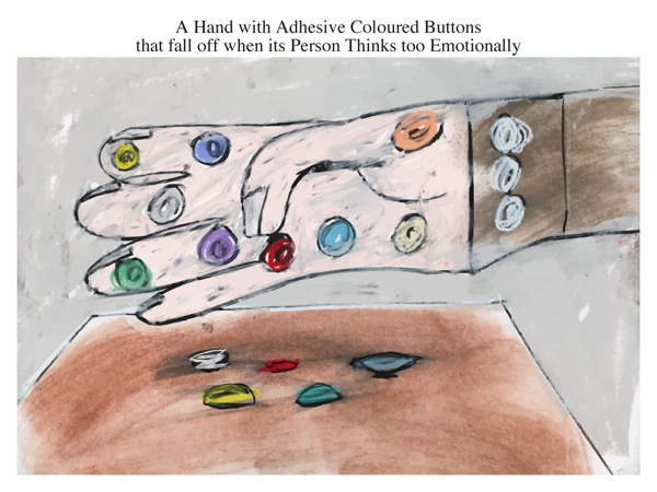 A Hand with Adhesive Coloured Buttons that fall off when its Person Thinks too Emotionally