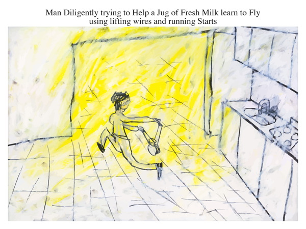 Man Diligently trying to Help a Jug of Fresh Milk learn to Fly using lifting wires and running Starts