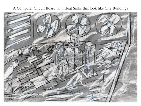 A Computer Circuit Board with Heat Sinks that look like City Buildings