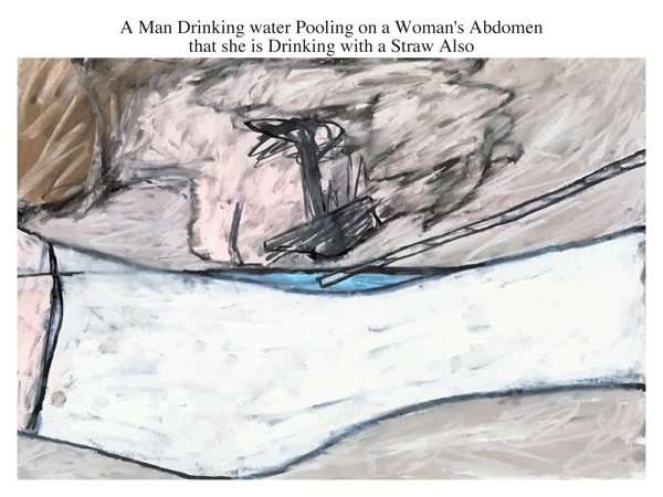 A Man Drinking water Pooling on a Woman's Abdomen that she is Drinking with a Straw Also