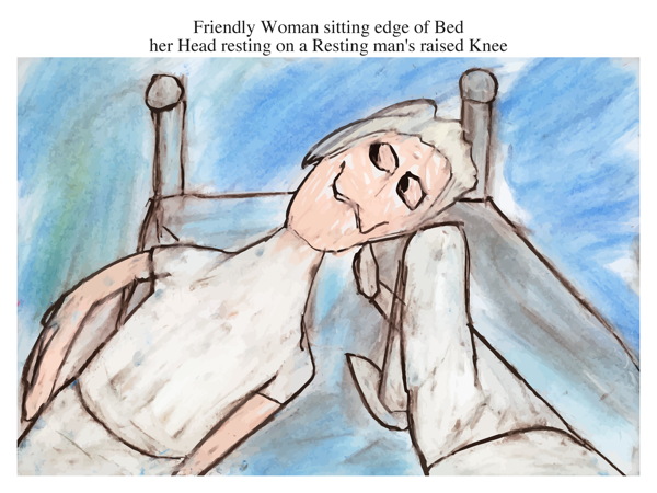 Friendly Woman sitting edge of Bed her Head resting on a Resting man's raised Knee