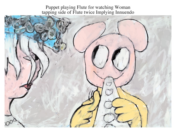 Puppet playing Flute for watching Woman tapping side of Flute twice Implying Innuendo