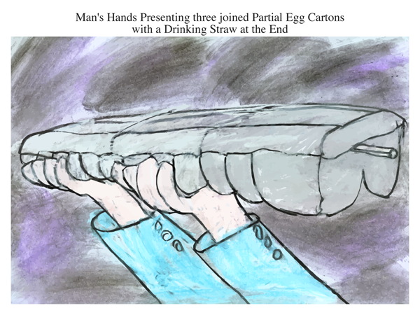 Man's Hands Presenting three joined Partial Egg Cartons with a Drinking Straw at the End