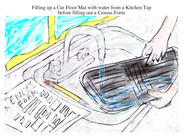 Filling up a Car Floor Mat with water from a Kitchen Tap before filling out a Census Form