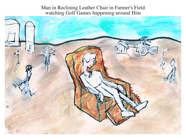 Man in Reclining Leather Chair in Farmer's Field watching Golf Games happening around Him