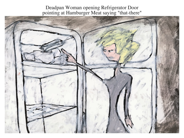 Deadpan Woman opening Refrigerator Door pointing at Hamburger Meat saying \