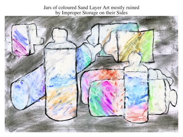 Jars of coloured Sand Layer Art mostly ruined by Improper Storage on their Sides