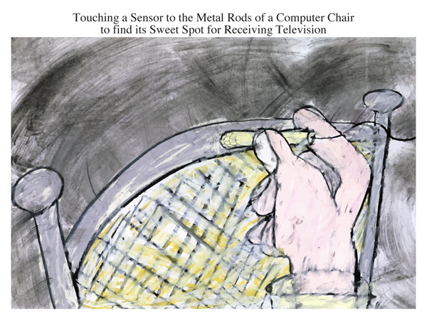 Touching a Sensor to the Metal Rods of a Computer Chair to find its Sweet Spot for Receiving Television