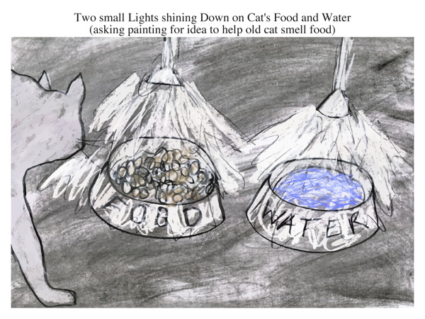 Two small Lights shining Down on Cat's Food and Water (asking painting for idea to help old cat smell food)