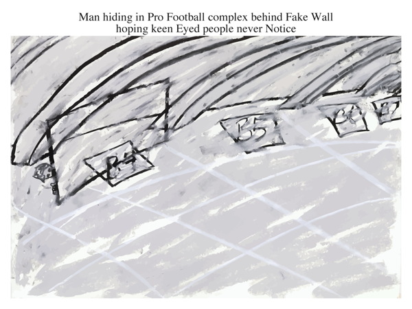 Man hiding in Pro Football complex behind Fake Wall hoping keen Eyed people never Notice