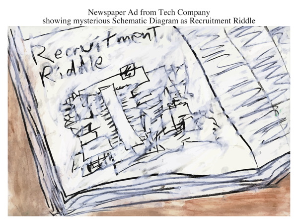 Newspaper Ad from Tech Company showing mysterious Schematic Diagram as Recruitment Riddle