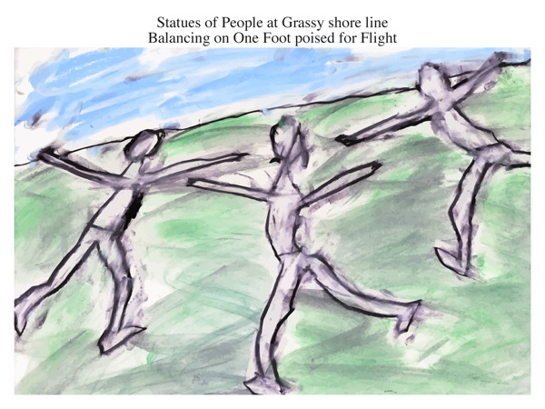 Statues of People at Grassy shore line Balancing on One Foot poised for Flight