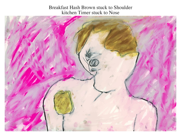 Breakfast Hash Brown stuck to Shoulder kitchen Timer stuck to Nose