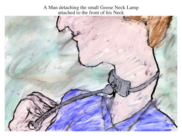 A Man detaching the small Goose Neck Lamp attached to the front of his Neck