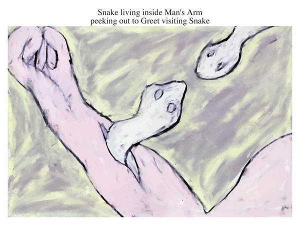 Snake living inside Man's Arm peeking out to Greet visiting Snake