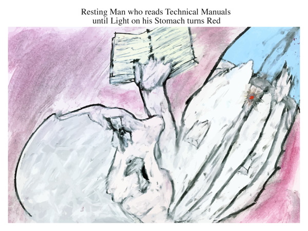 Resting Man who reads Technical Manuals until Light on his Stomach turns Red