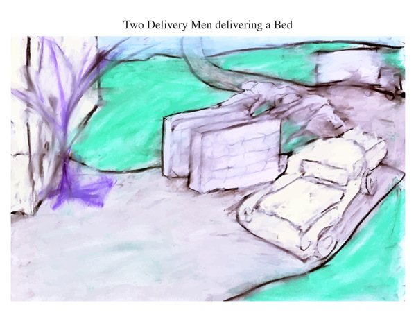 Two Delivery Men delivering a Bed