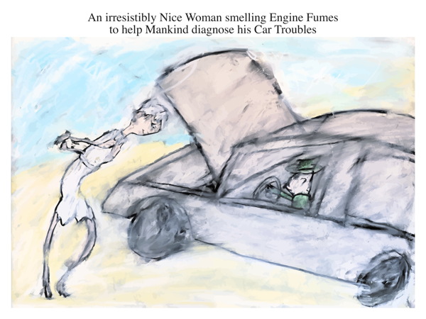 An irresistibly Nice Woman smelling Engine Fumes to help Mankind diagnose his Car Troubles