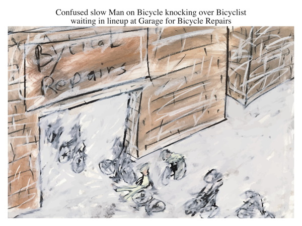 Confused slow Man on Bicycle knocking over Bicyclist waiting in lineup at Garage for Bicycle Repairs