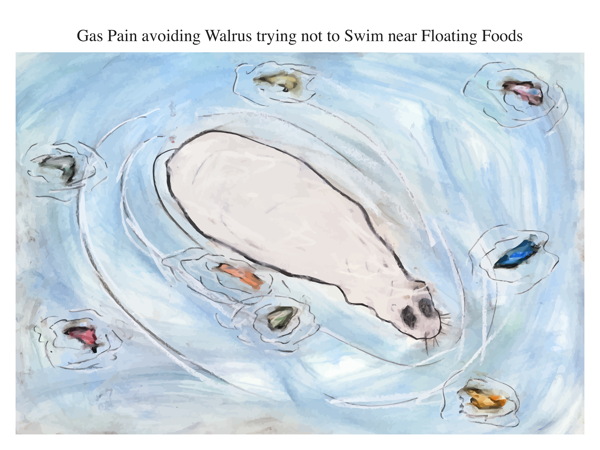 Gas Pain avoiding Walrus trying not to Swim near Floating Foods