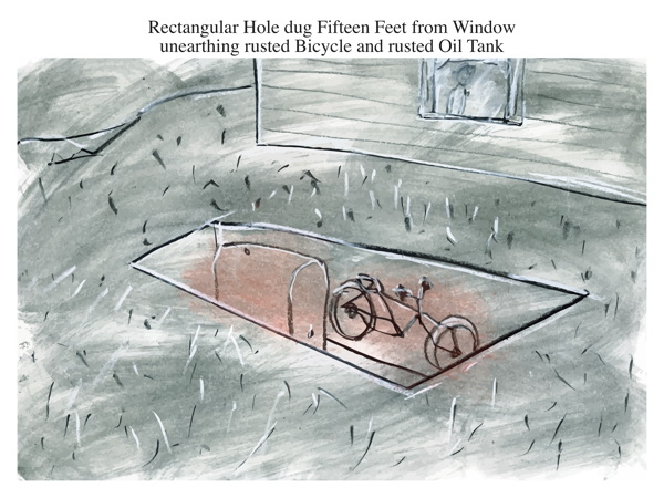 Rectangular Hole dug Fifteen Feet from Window unearthing rusted Bicycle and rusted Oil Tank