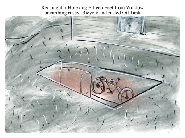 Rectangular Hole dug Fifteen Feet from Window unearthing rusted Bicycle and rusted Oil Tank
