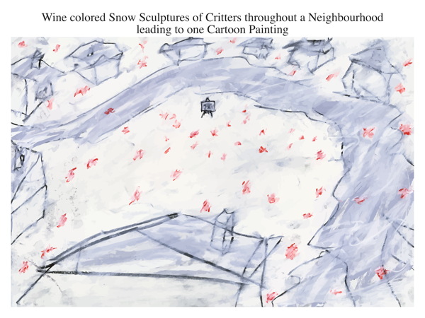 Wine colored Snow Sculptures of Critters throughout a Neighbourhood leading toone Cartoon Painting