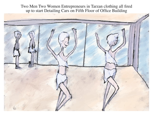 Two Men Two Women Entrepreneurs in Tarzan clothing all fired up to start Detailing Cars on Fifth Floor of Office Building