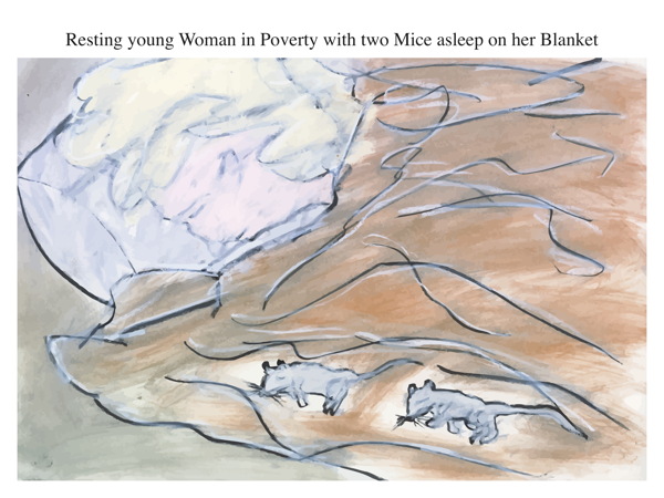 Resting young Woman in Poverty with two Mice asleep on her Blanket