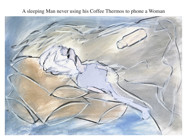 A sleeping Man never using his Coffee Thermos to phone a Woman