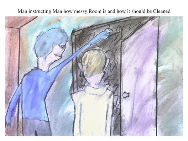 Man instructing Man how messy Room is and how it should be Cleaned