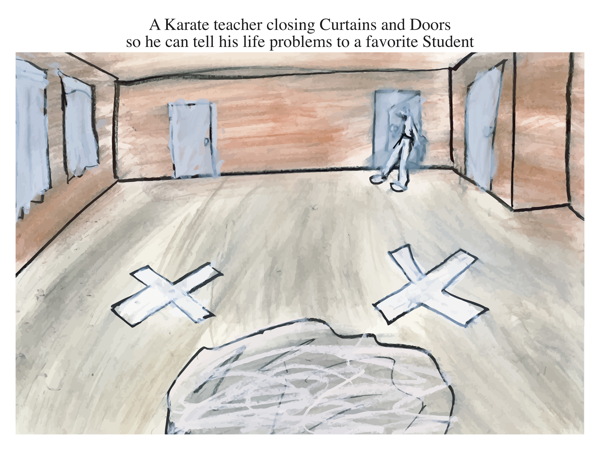 A Karate teacher closing Curtains and Doors so he can tell his life problems to a favorite Student