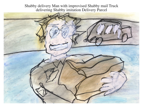 Shabby delivery Man with improvised Shabby mail Truck delivering Shabby imitation Delivery Parcel