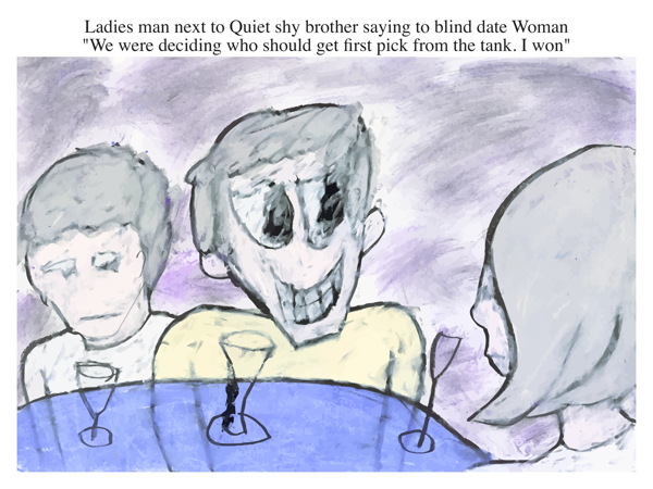 Ladies man next to Quiet shy brother saying to blind date Woman \