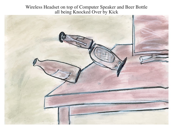 Wireless Headset on top of Computer Speaker and Beer Bottle all being Knocked Over by Kick